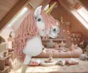 Hobby Horse Jednorożec na kiju mały biały, grzywa brudny róż i złoty róg - 9