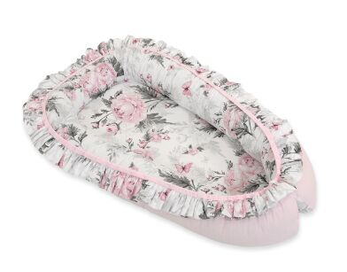 Kokon niemowlęcy kojec otulacz Premium z falbanką - Romantic peonies